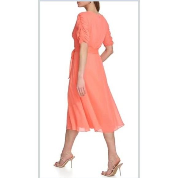 DKNY Women's Coral Wrap Midi Dress with Ruched Sleeves Size 4- Retail Price $140 - Picture 4 of 12
